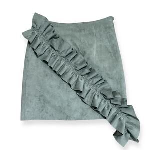 Alpha & Omega Faux Suede Ruffle Mini Skirt Green Asymmetrical Size M Stretch